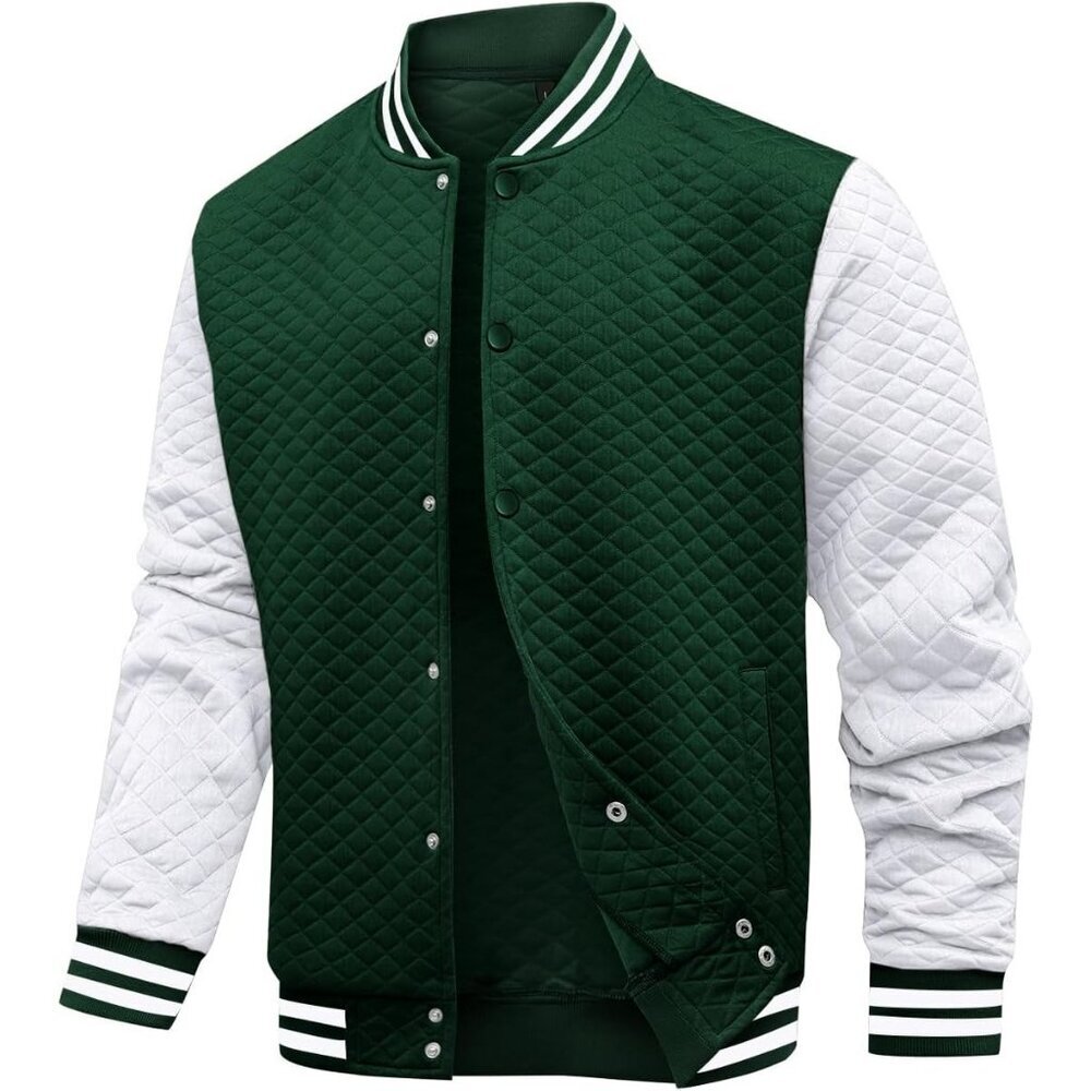 Men's Green/White Varsity Bomber Jacket Lightweight Causal Cuffs Pockets Style